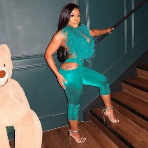 Chic Teal Jumpsuit with Feather Detail